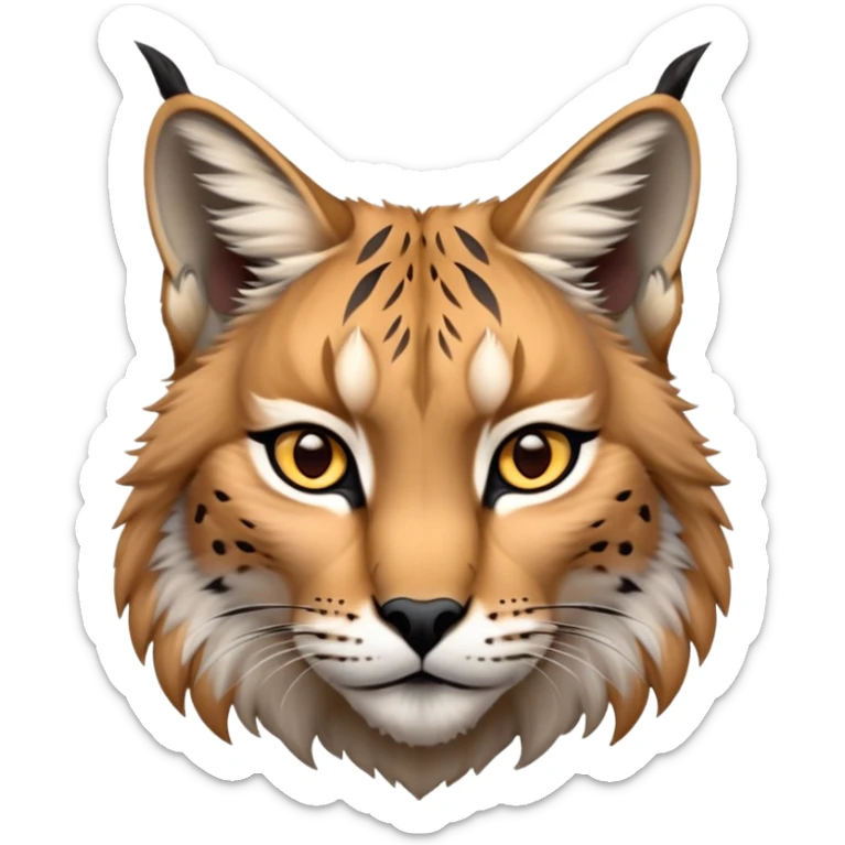 Cinematic-Noble realistic-Lynx-Portrait-Emoji – Poised and regal, with a strong, agile build and a strikingly patterned fur of warm tawny fur accented by bold black ear tufts, deep-set, intelligent amber eyes, simplified yet sharp and sophisticated. zoomed out to show shoulders sticker