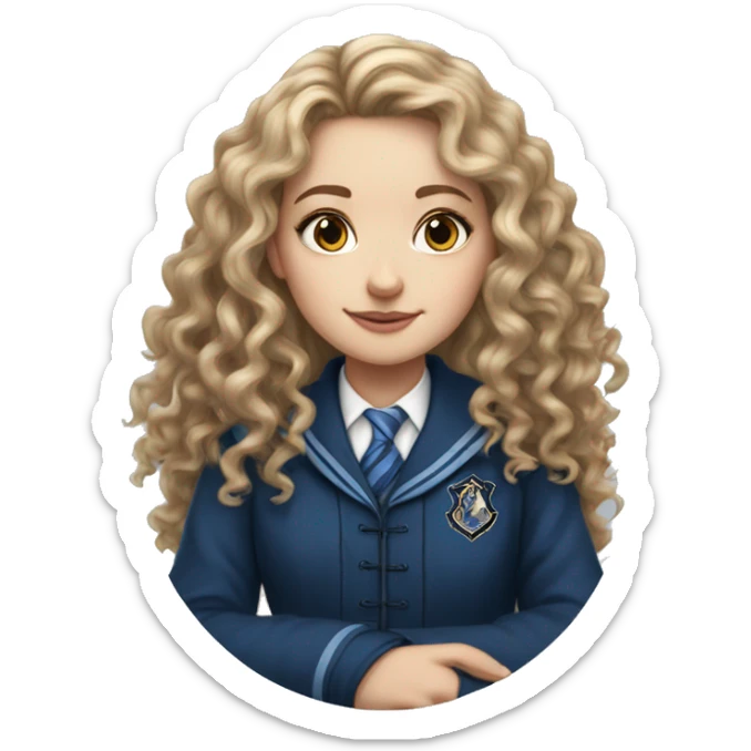 Hyper realistic White girl with long curly hair wearing a ravenclaw school inform sticker