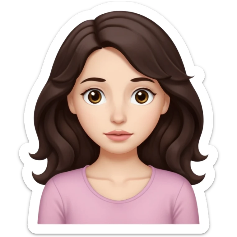Aesthetic white girl with really long wavy/curly hair color dark brown, hair must be in front of the shoulders (hair in front of the shoulders). Big almond shape tired eyes color brown with dark circles, wide nose, natural lips, sweet expression. Dressed with a cute tight top color light pink. sticker
