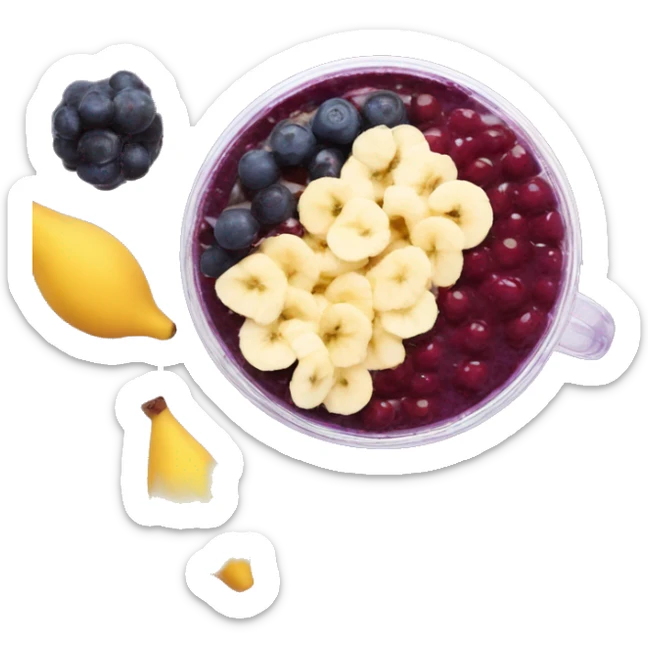 Açaí in a clear cup with layers of fruits and granola and condensed milk sticker