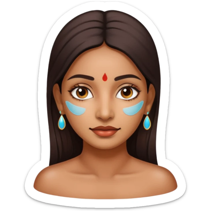 make an emoticon of a woman that has gel-like under eye patches of skincare of transparent color and make the woman slighlty indian sticker