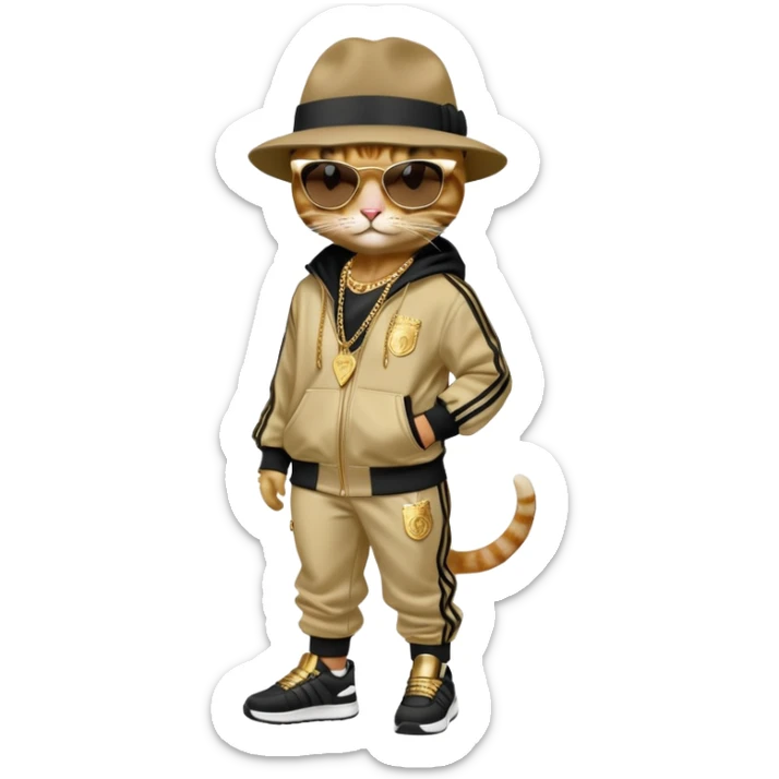 female cat dressed like Run DMC with tracksuit, fedora, Adidas shoes, dark sunglasses, lots of gold chains, upright sticker