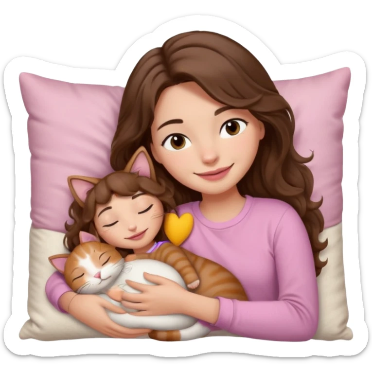 girl with wavy long brown hair, brown eyes, light to medium complexion, long lashes, light pink lipstick, smiling, wearing light pink shirt, sleeping on a cozy pillow, cuddling a cat  sticker