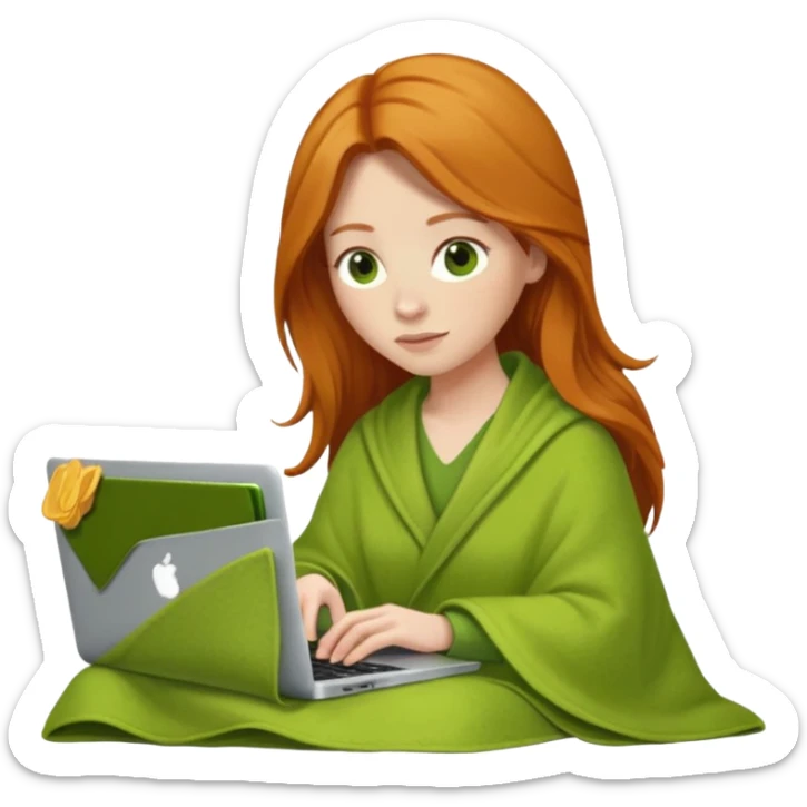 Ginger long hair woman inside a green pistachio color blanket working on her MacBook  sticker