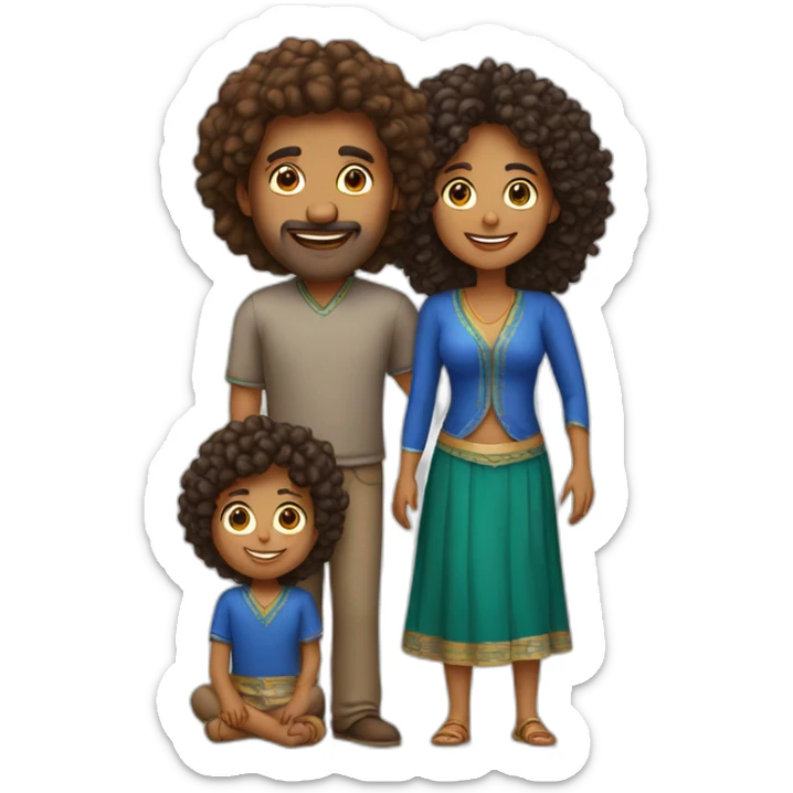 indian family with one dad and one son straight hair and one mom and one daughter curly hair sticker