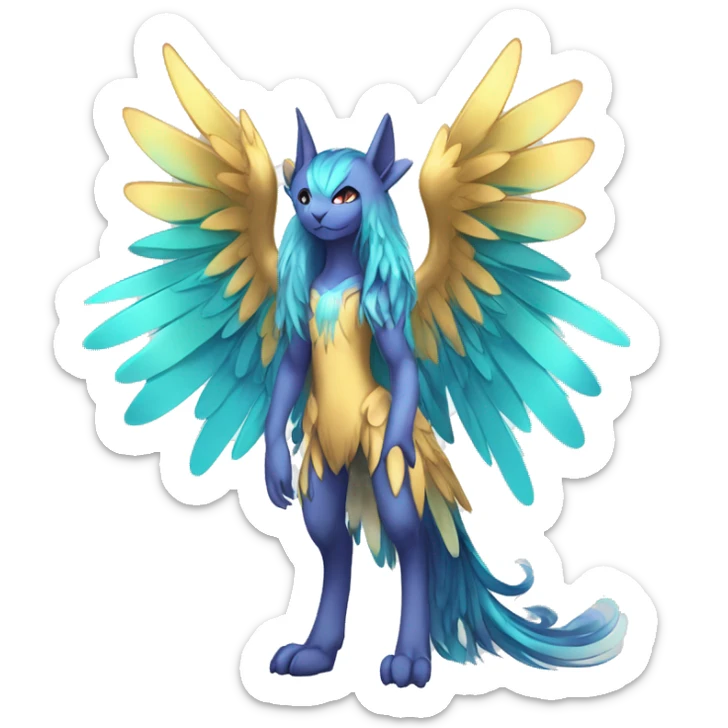 Anthro Sona Cool Edgy Cute Legendary Colorful Shy Winged Shiny Fakemon-Fantasy-Creature With Long Hair-Mane Full Body Detailed High Quality sticker