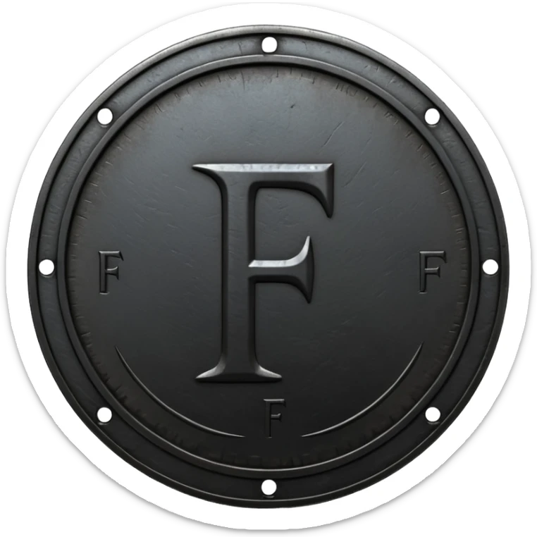 Minimal emoji, gothic metal coin made of black steel, engraved number f at the center, ancient industrial aesthetic, worn metal texture, no glow, no neon, flat emoji design, centered, transparent background sticker