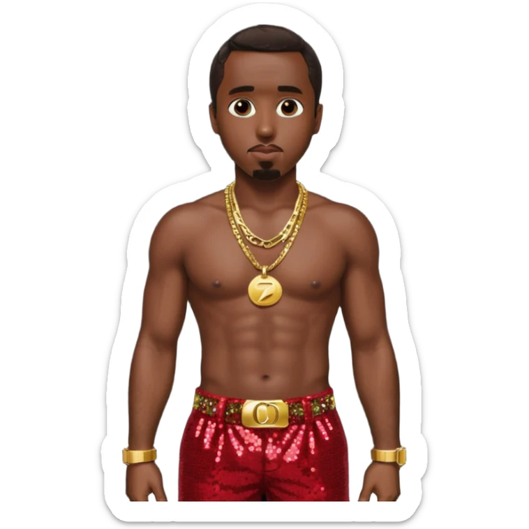 P Diddy with dark brown hair, dark red sequin baggy pants, shirtless with necklace sticker