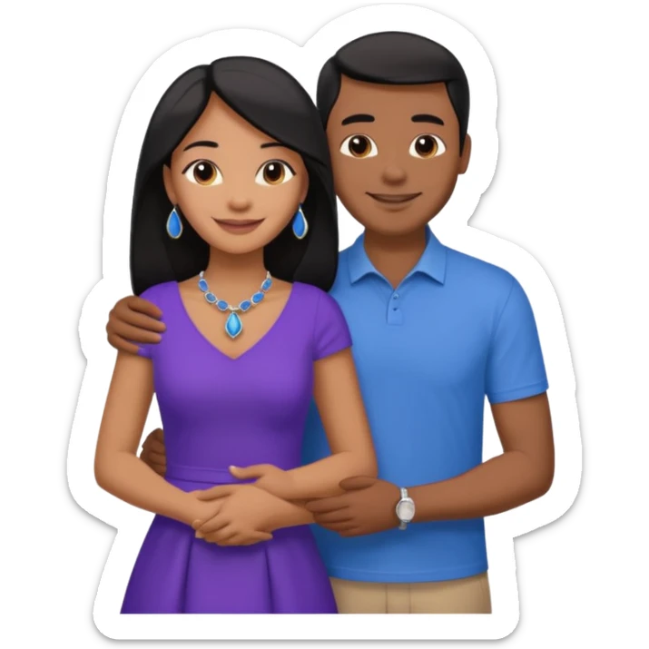 smiling embracing interracial couple. man is tan and has brown straight hair he is wearing blue. woman has very dark color skin and long black hair. she is wearing purple and has matching blue jewelry on sticker