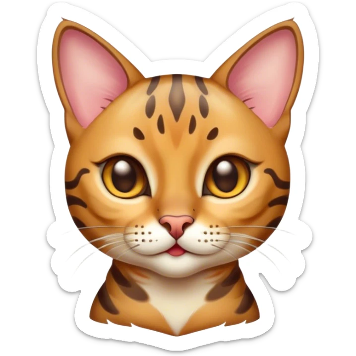 Cinematic Cute Bengal Cat Portrait Emoji, Playful and charming, sleek spotted brown and gold tones, Simplified yet adorable features, highly detailed, glowing with a warm, friendly glow, high shine, curious and affectionate, stylized with a touch of whimsy, bright and alert, soft glowing outline, capturing the essence of a mischievous yet loving kitten, so endearing it feels like it could pounce out of the screen and play! sticker