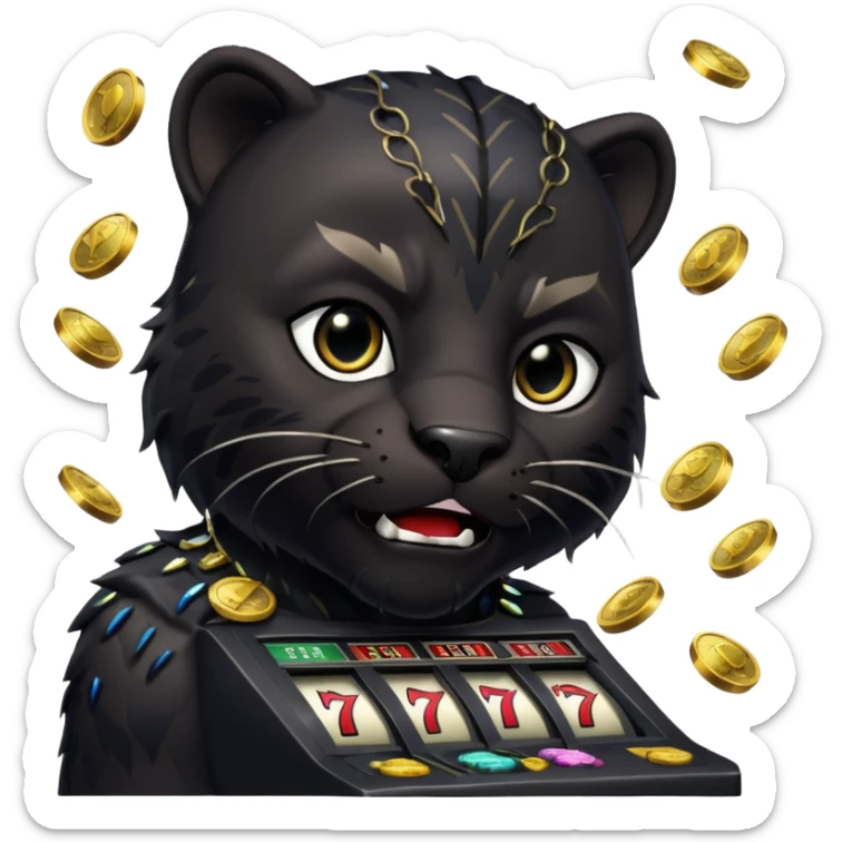 disheveled Black Panther losing money at a slot machine, panicked face, coins flying sticker