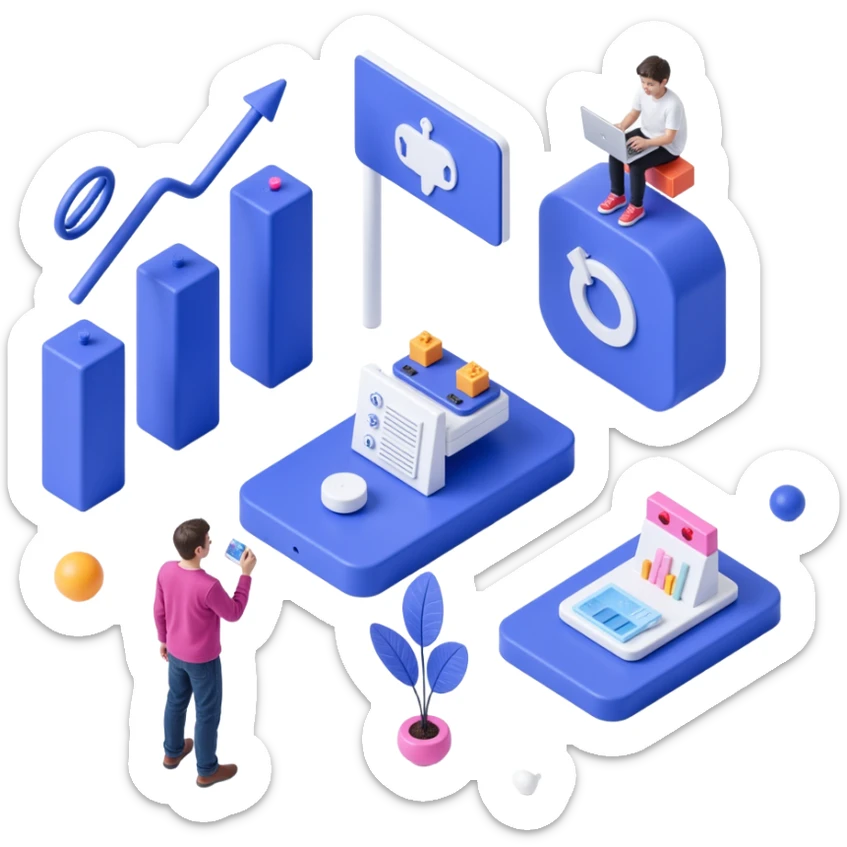 fast motion montage of logos, analytics, and social media elements, futuristic, clean design, skeuomorphism icon style sticker