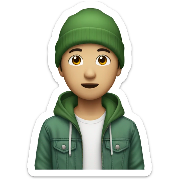 asian boy with beanie hat wearing green hoodie with jeans jacket  sticker