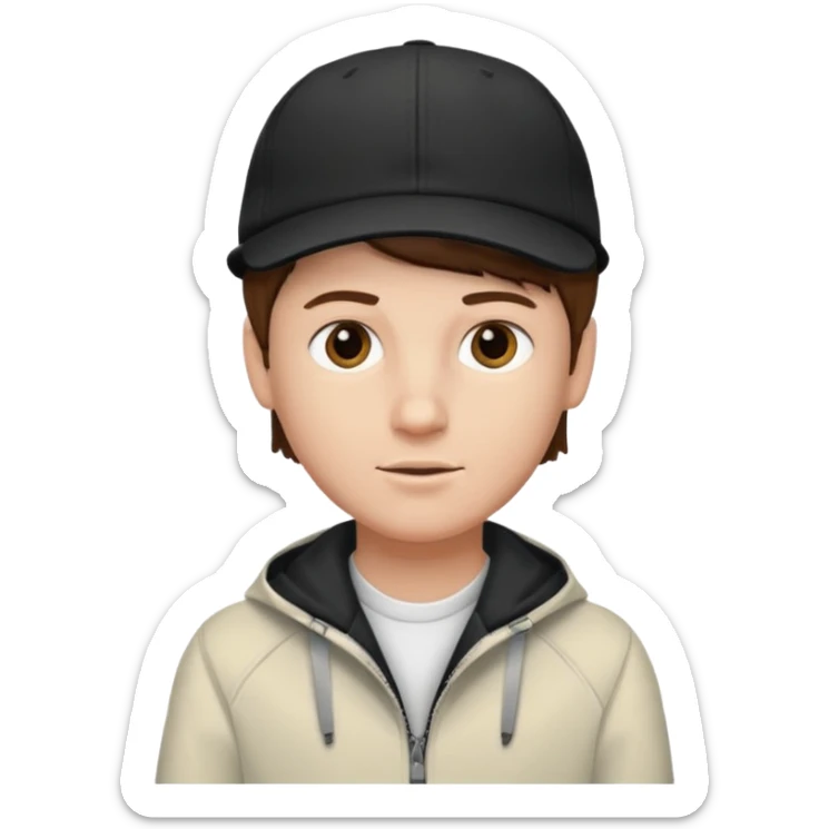 Créame a un chico blanco con gorra negra con el pelo castaño y qué tenga una chaqueta blanca sticker