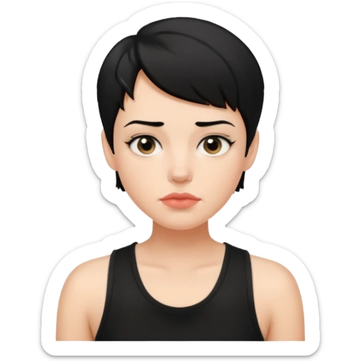 a white woman with short tomboy black hair with mole on top of her lip wearing men's black tank top sticker