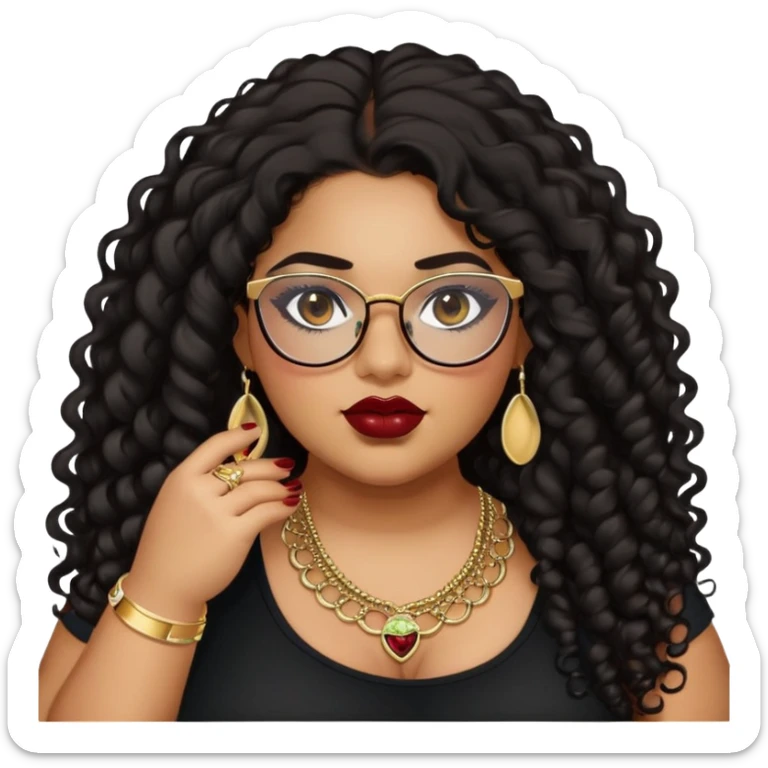 teen big plus size, latina, darker tan skin, gold jewelry, long black curly hair, baddie,pretty, makeup, dark red lipgloss, black eyeliner, long hair, black top, black glasses sticker