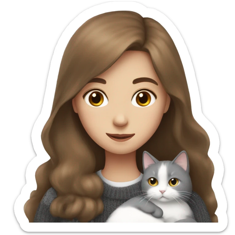 Girl with long brown hair in sweater hugging a british grey and white cat sticker
