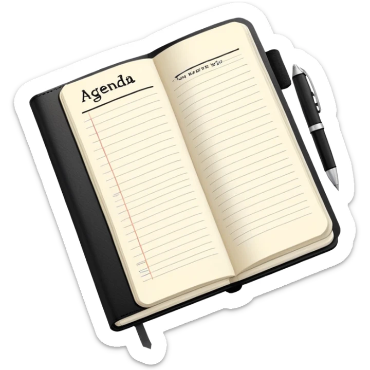 A classic black Moleskine notebook open to show an agenda page with meeting items and bullet points sticker