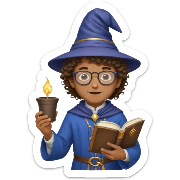 A Joyful Child Male with Brown skin and Curly hair, wearing a Traditional outfit, a Wizard hat, Sunglasses, carrying a Spellbook, working as a farmer, while drinking Coffee and reading a Textbook. sticker