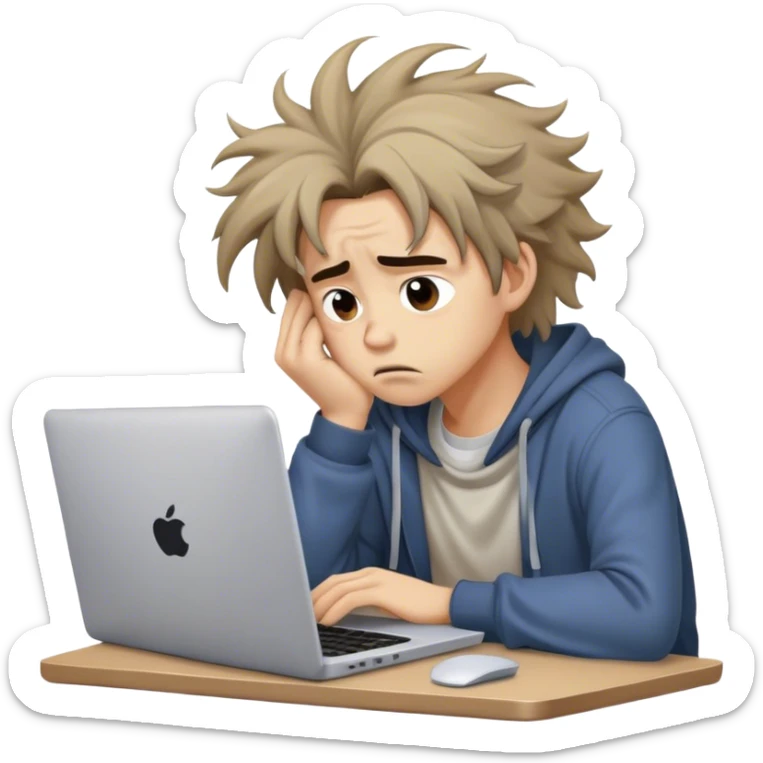 Create an emoji of a tired person sitting at a laptop, looking exhausted and frustrated. They have slouched posture and messy hair, representing overwork and burnout. sticker