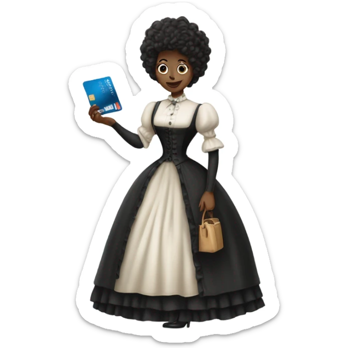 galora waitress in Victorian dress elegant, full body, holding big credit card sticker