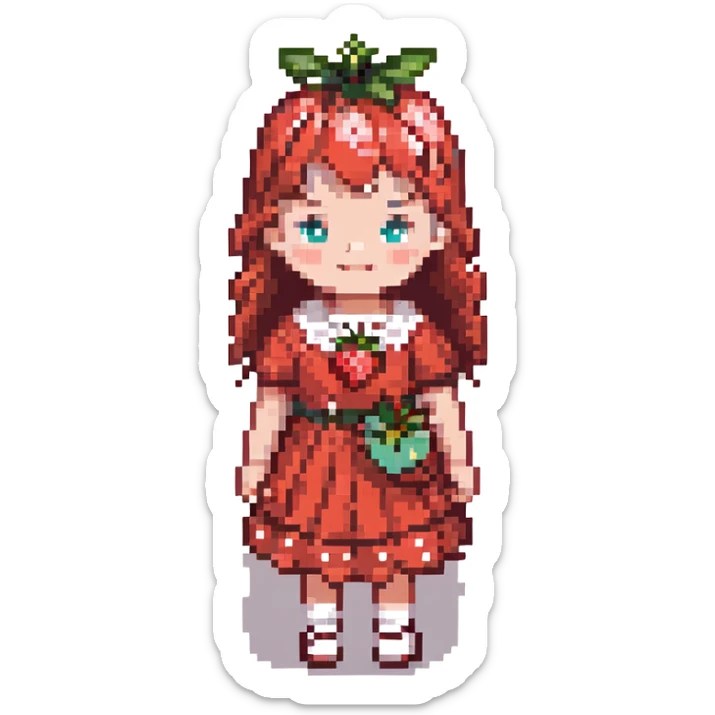 Little girl in red dress with white polka dots and strawberry on the right side of her head sticker