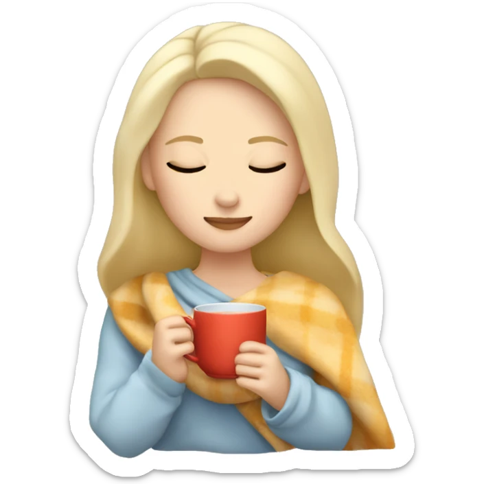 White Girl with blonde hair sipping tea with eyes closed and blanket around head sticker