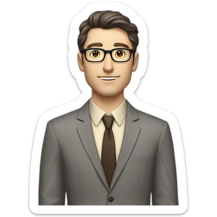 Full height Pale skinned Fit Man With dark brown hair in classic gray suit, beige office shirt, dark gray tie, and vintage glasses. Thrumbs of his palms directed up sticker