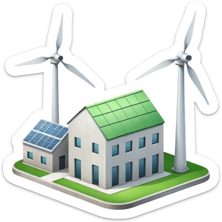 factory with green roof and wind turbine beside it, clean and colorful sticker