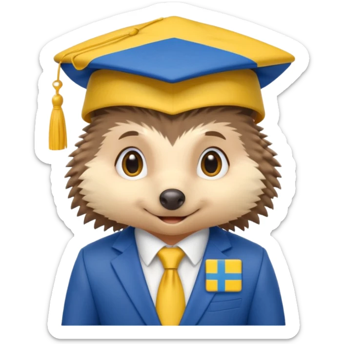A hedgehog student in a suit in the color of the Ukrainian flag in a square academic cap sticker
