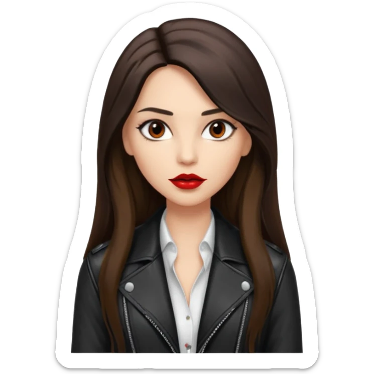 brunette with very long hair in black cuir jacket with red lips and very dark brown eyes and white shirt sticker