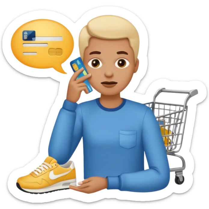 Emoji-style illustration of a person holding a credit card, hand on chin thinking. A thought bubble above the head showing clothes, sneakers, and a shopping cart, representing deciding whether to spend money. Clean, modern emoji style, bright colors, white or transparent background. sticker