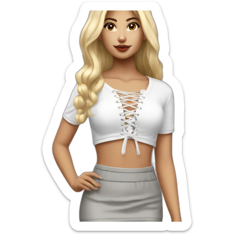 white long straight blonde woman realistic white lace up crop top and grey mini skirt sticker