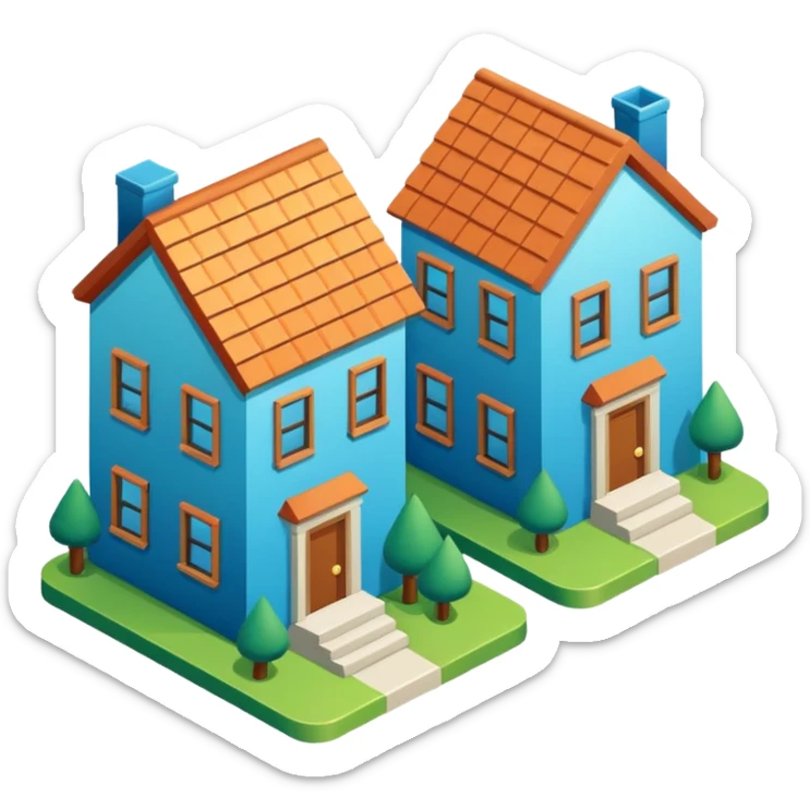 group of 3 houses representing neighborhood isometric houses on transparent background similar in style to the iphone icons houses should be colored in blue and green details sticker