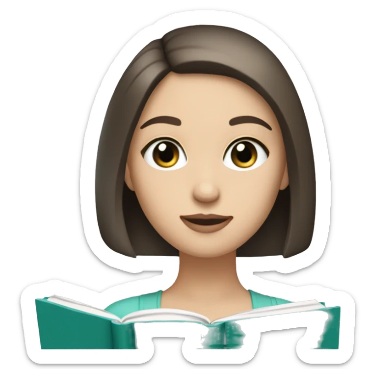 Brunette Girl with a straight bob and pale skin tone and teal eyes reading a book  sticker