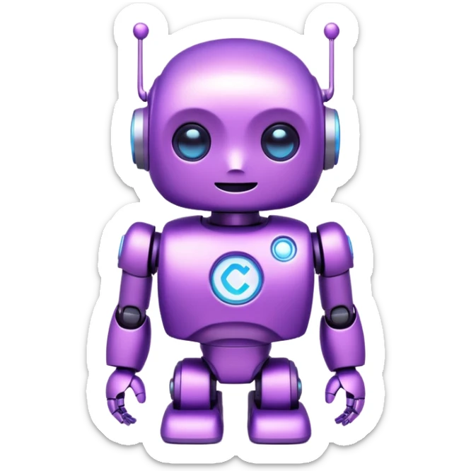 Cute mini robot character, purple body, white C symbol on the chest, soft neon glow, simple face with two bright blue eyes sticker