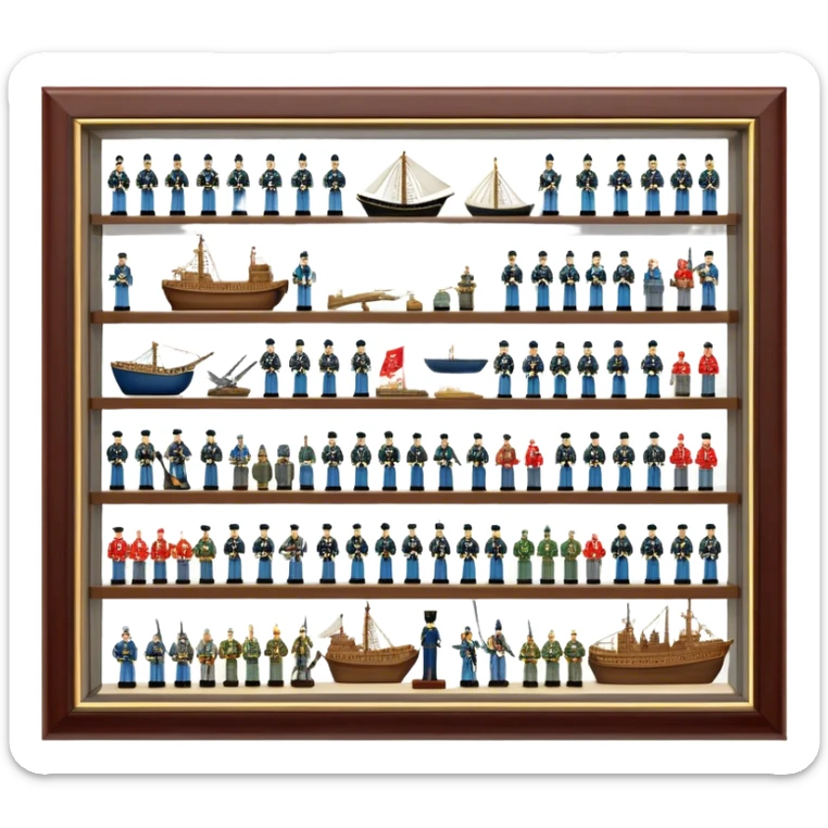 Icon for Miniature Collecting: a collection of finely detailed miniature items such as tiny colorful army of soldiers, ships and accessories, neatly displayed on a shelf or in a display case. The icon should convey the intricacy and charm of collecting miniature objects. Transparent background. sticker