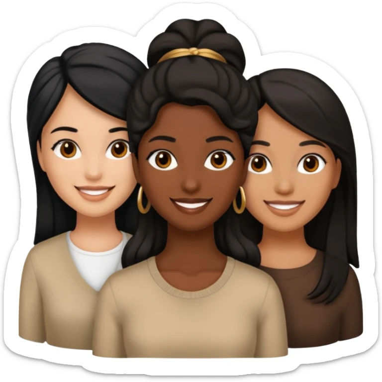a group of 3 women, one is black, one is asian, one is indian, they all have black hair sticker