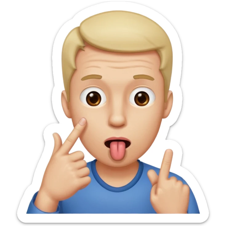 a man posing with his tongue out and index finger on his forehead and thumb beside his mouth sticker