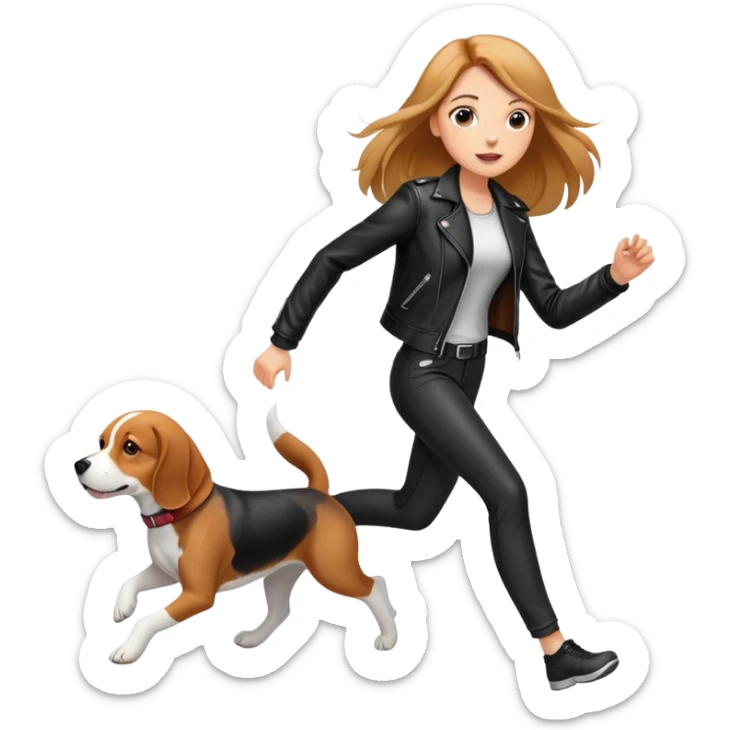 A beautiful tall girl with fair skin and long hair wearing a black leather jacket and black pants running with Beagle sticker
