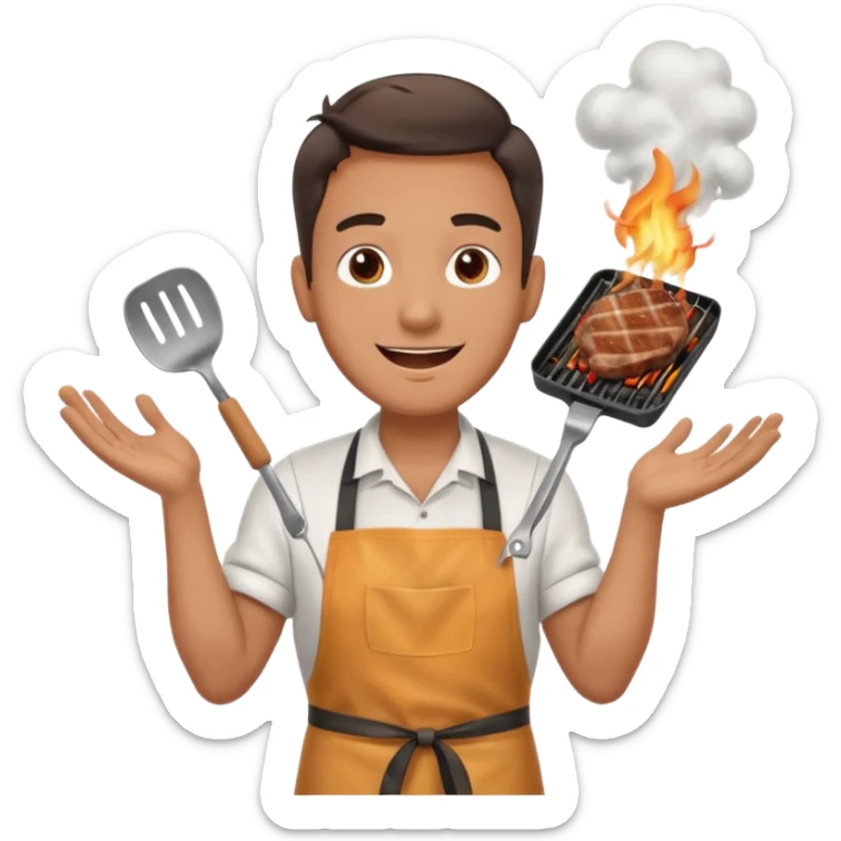 A cheerful man in an apron flipping meat on a sizzling grill with smoke puffing upward. sticker