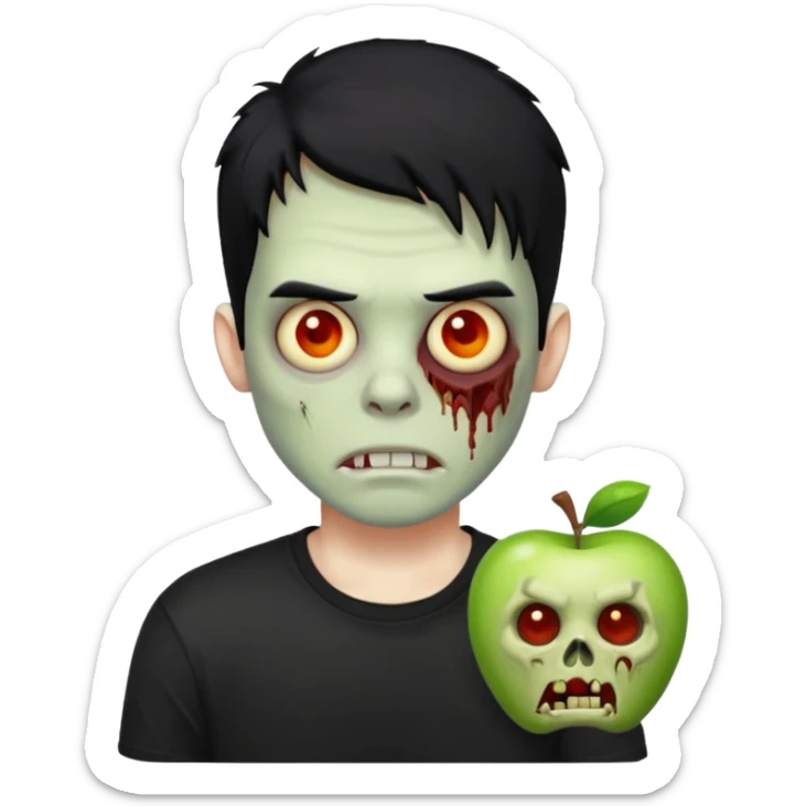 Zombie Emoji AppleIOS Style, lowfade Black Hair, and Black T-shirt sticker