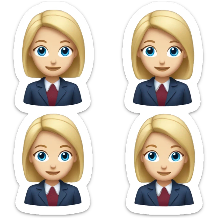An adult girl, blue eyes, straight long bob blond hair, dark blue jacket suit, burgundy red office shirt. sticker