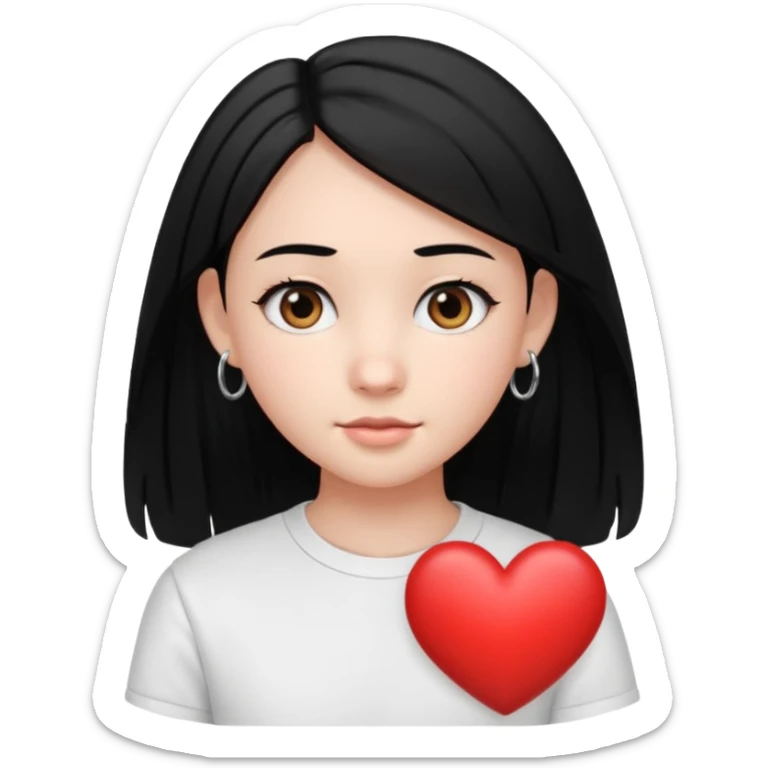create an i phone emoji of a young 8th grade school girl, with fair skin, heart shape face, has medium length straight black hair and with hoops earrings. sticker