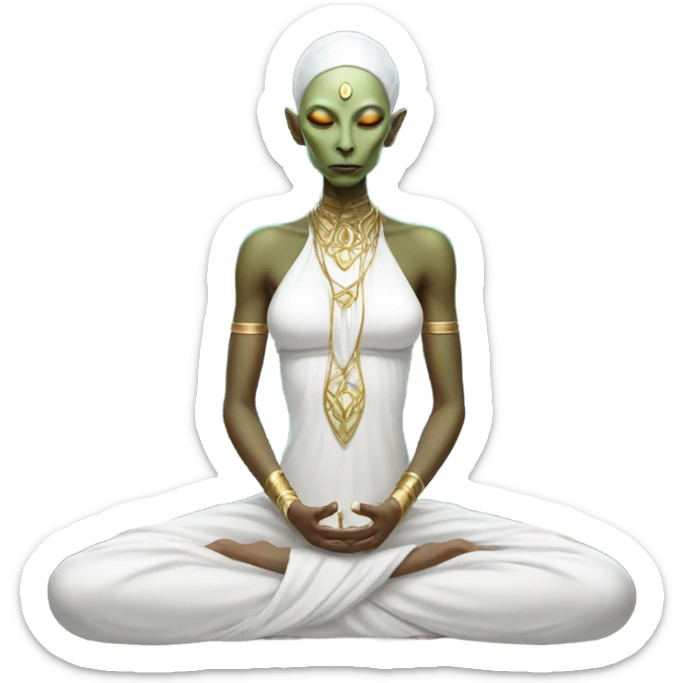 a Reptilian alien woman,in meditation, white dress like a priestess sticker