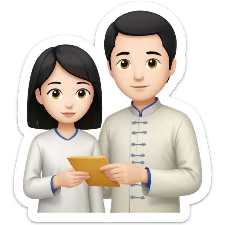 a young student with morden T-shirt and black hair, who is handing letter to a old man official with white hair chinese tunic suit sticker