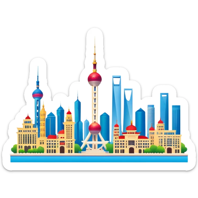Shanghai The Bund skyline, simplified emoji style with bold outlines and bright colors, cartoon style modern buildings and Oriental Pearl Tower sticker