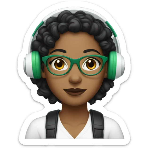 a woman with light brown skin, black eyes and black short curly black hear, wearing white headphones and glasses with a green frame, small freckles sticker