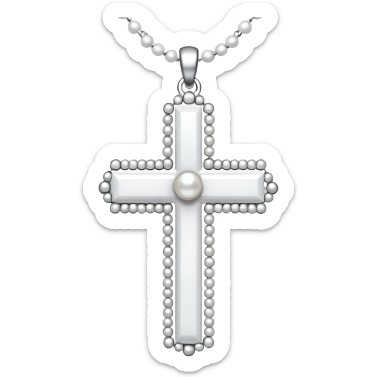 Elegant emoji icon of a white cross made of white beads, glossy surface, and white bead chain subtle shadows, pure white palette sticker