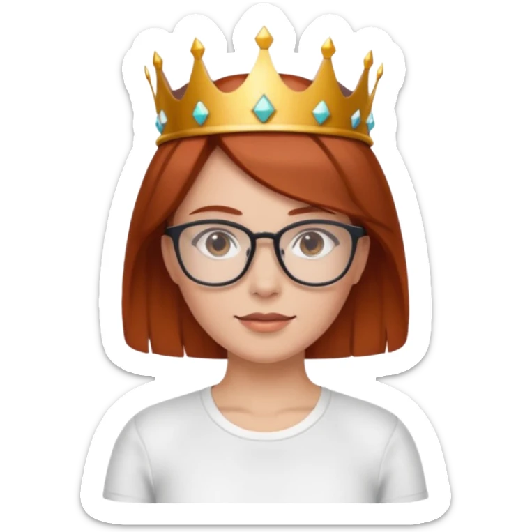 sporty woman with glasses and reddish-brown bobbed and fair skin hair with a crown sticker